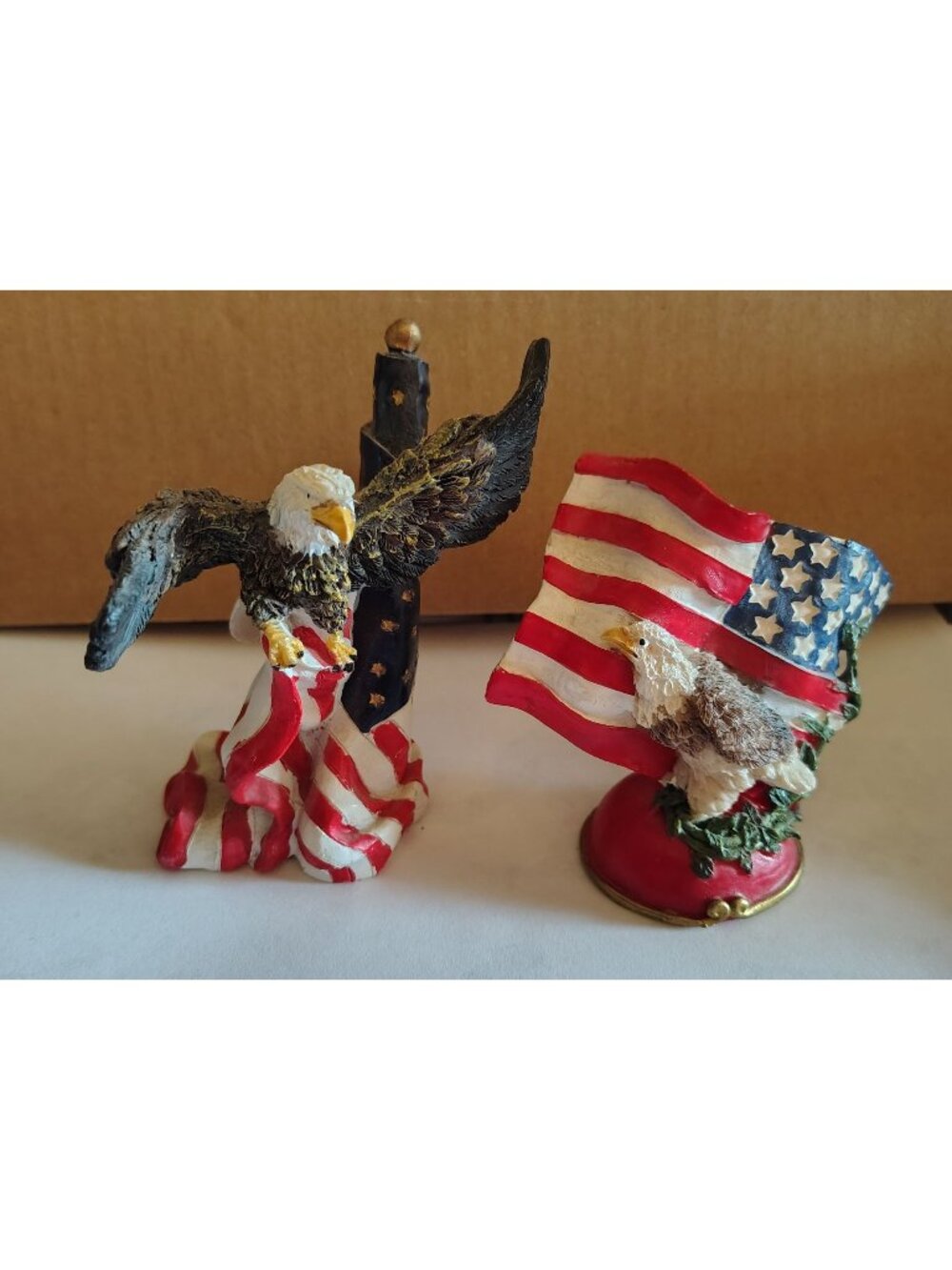 Set Of 2 Bald Eagle Figurines W/American Flags Patriotic Home Decor Display -